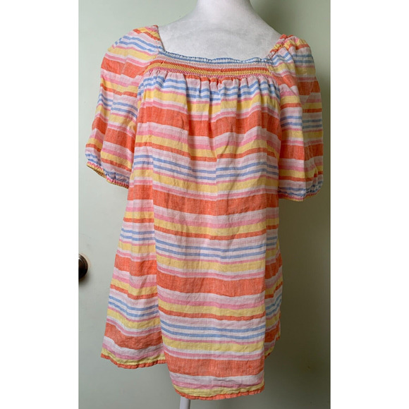 Talbots Linen Blouse Womens Size L Striped Colorful Short Sleeve Square Neck - Picture 2 of 7